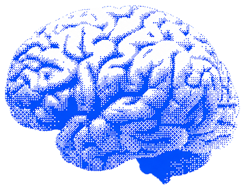 Stylized cyan-dithered illustration of a human brain